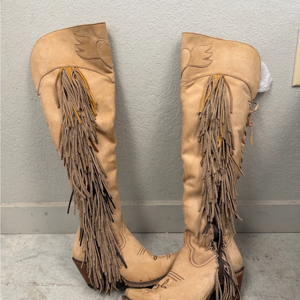 Stylish Tan Over the Knee Fringe Boots